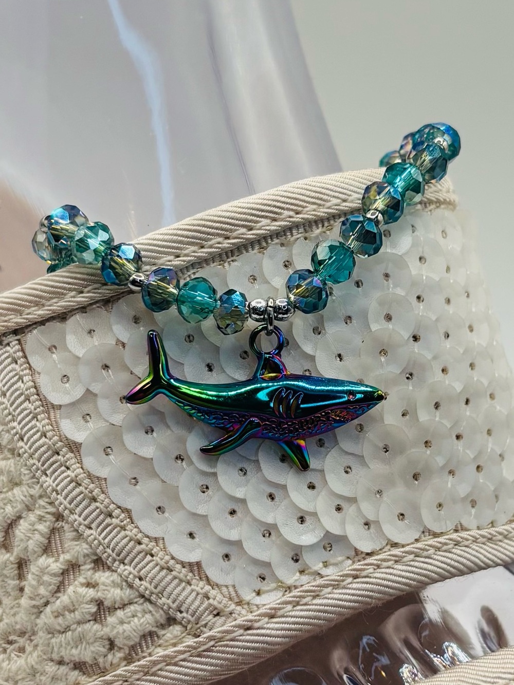 *ANKLET* S.Steel Shark & AB Teal Blue Green Crystal Stretchy Anklet - Picture 4 of 6